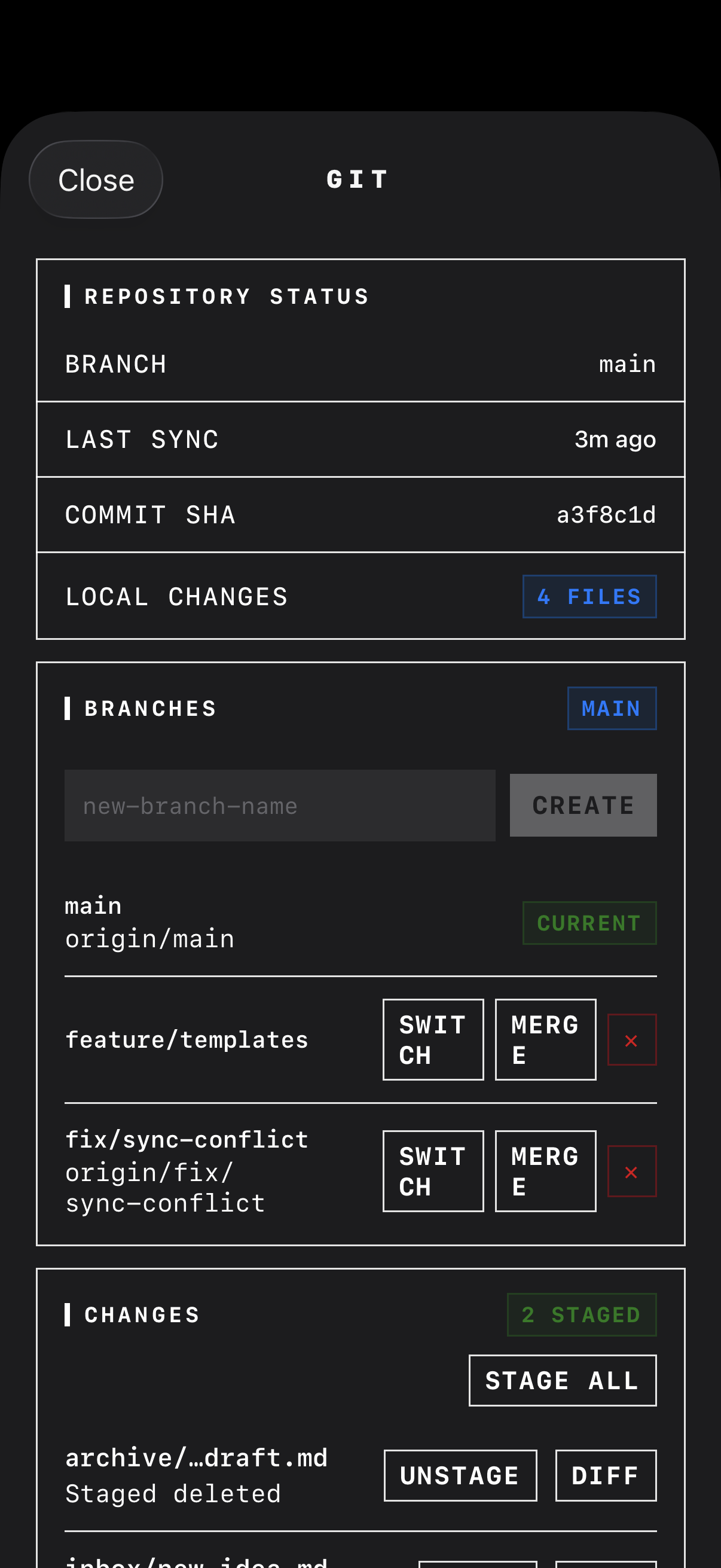 Repository action screen with pull, commit and push, and files location controls