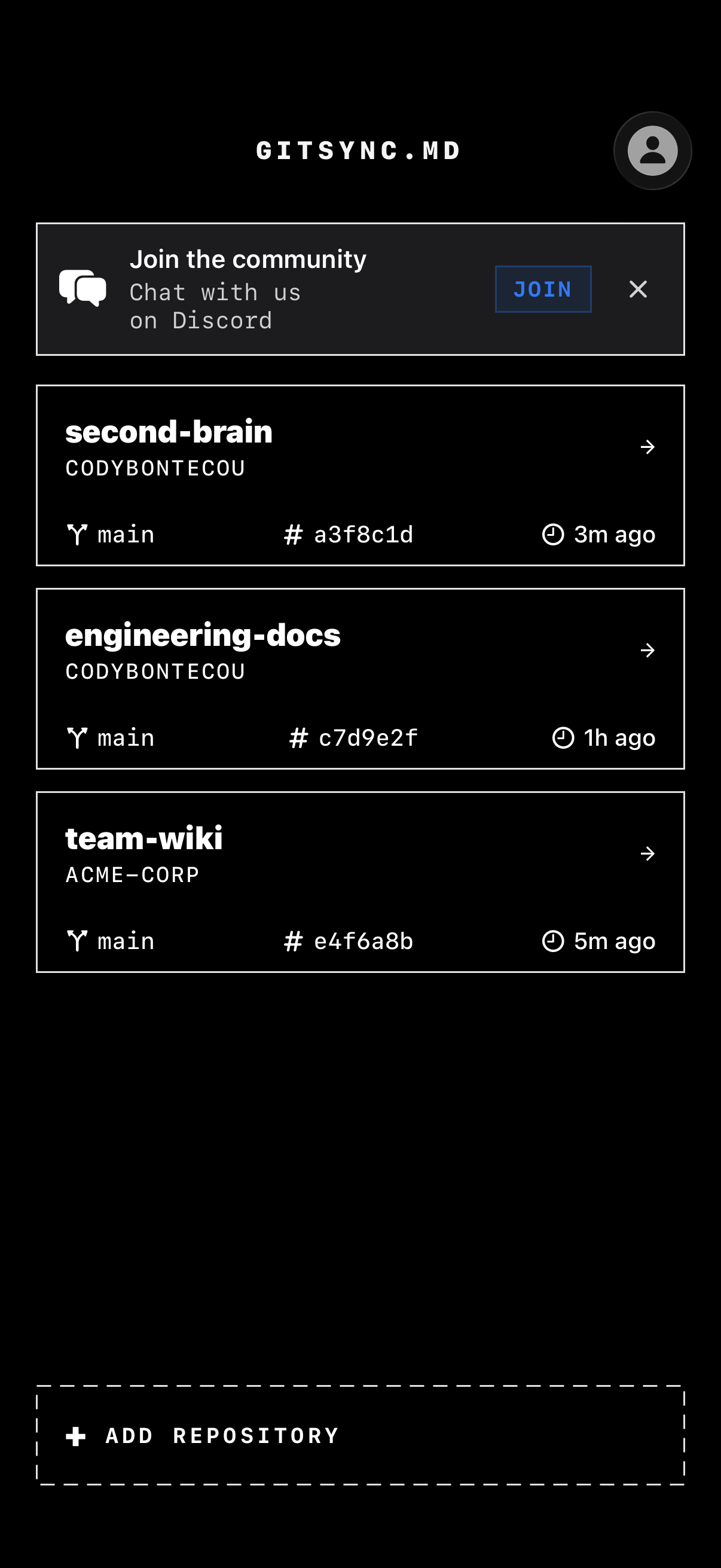 GitSync.md repository list showing cloned Git repos on iPhone
