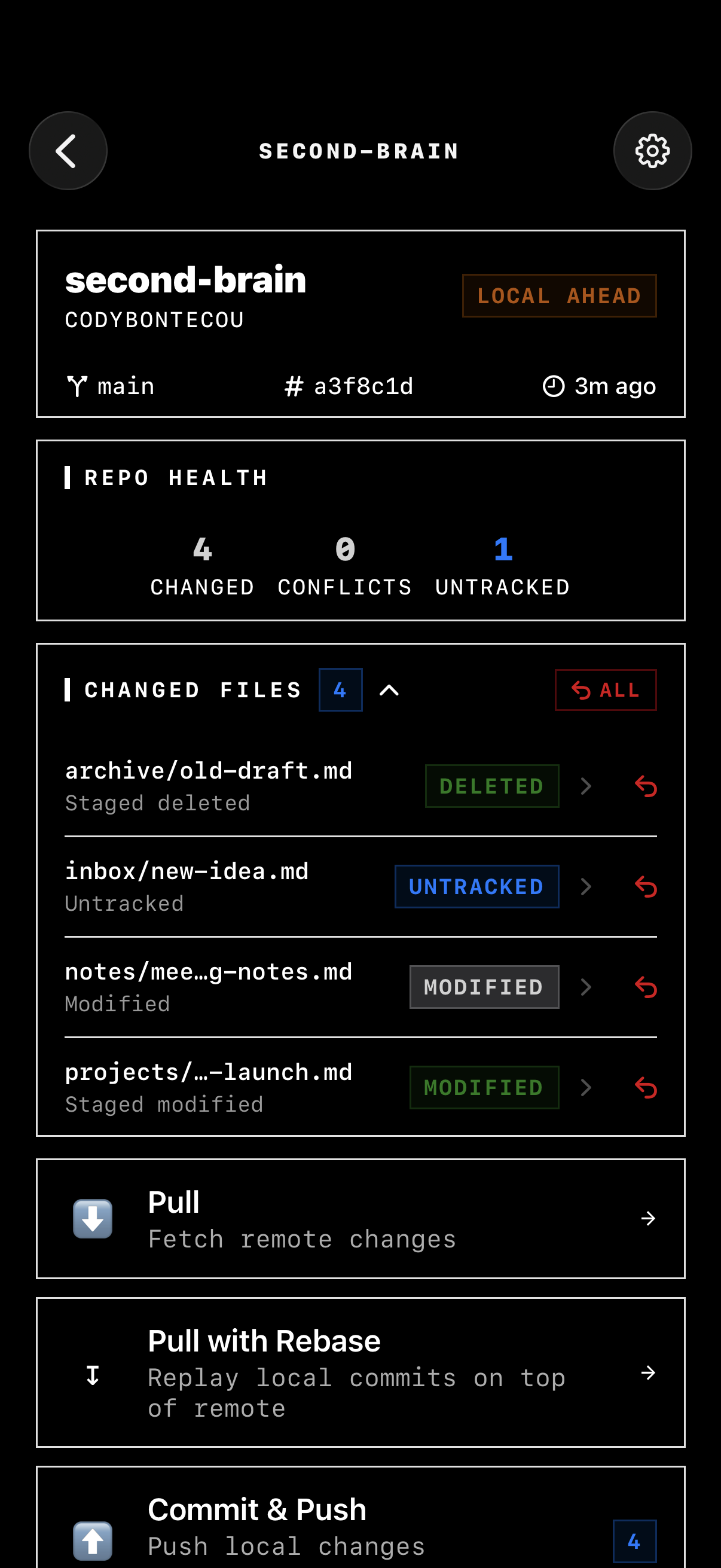 Repository detail screen with repo health, changed files, pull, commit and push actions